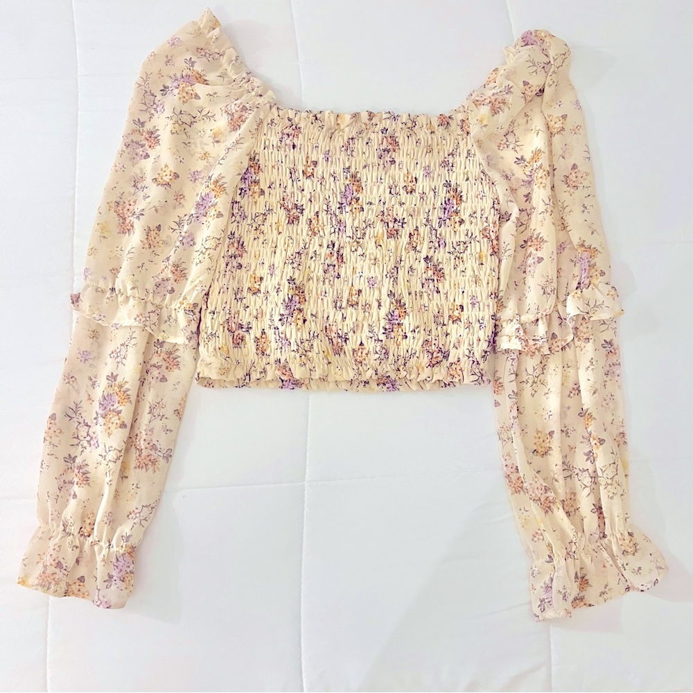 WILD FABLE Blouse Cropped Floral Sheer Sleeves